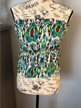Anthropologie Teal, Lime & Magenta Smocked Strapless Top